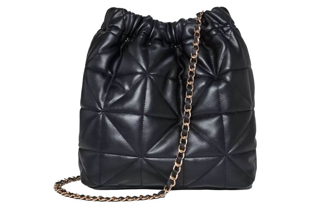 Black Leather Quilted Patterned Bucket Bag Purse NEW
